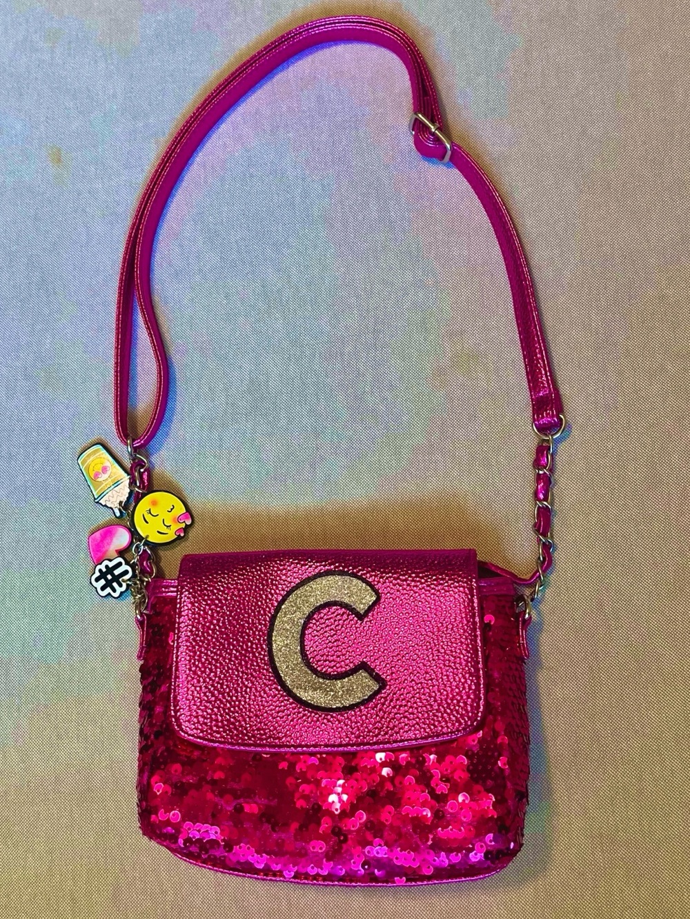 Justice Kids Pink Sequin Glitter Initial Letter C Crossbody Bag Charms Purse